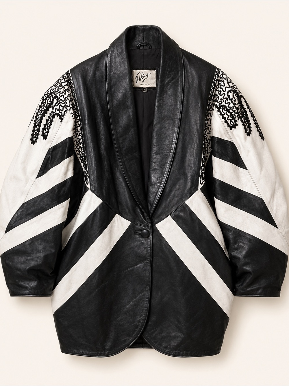 J Kay Vintage Black & White Leather Statement Blazer Size M